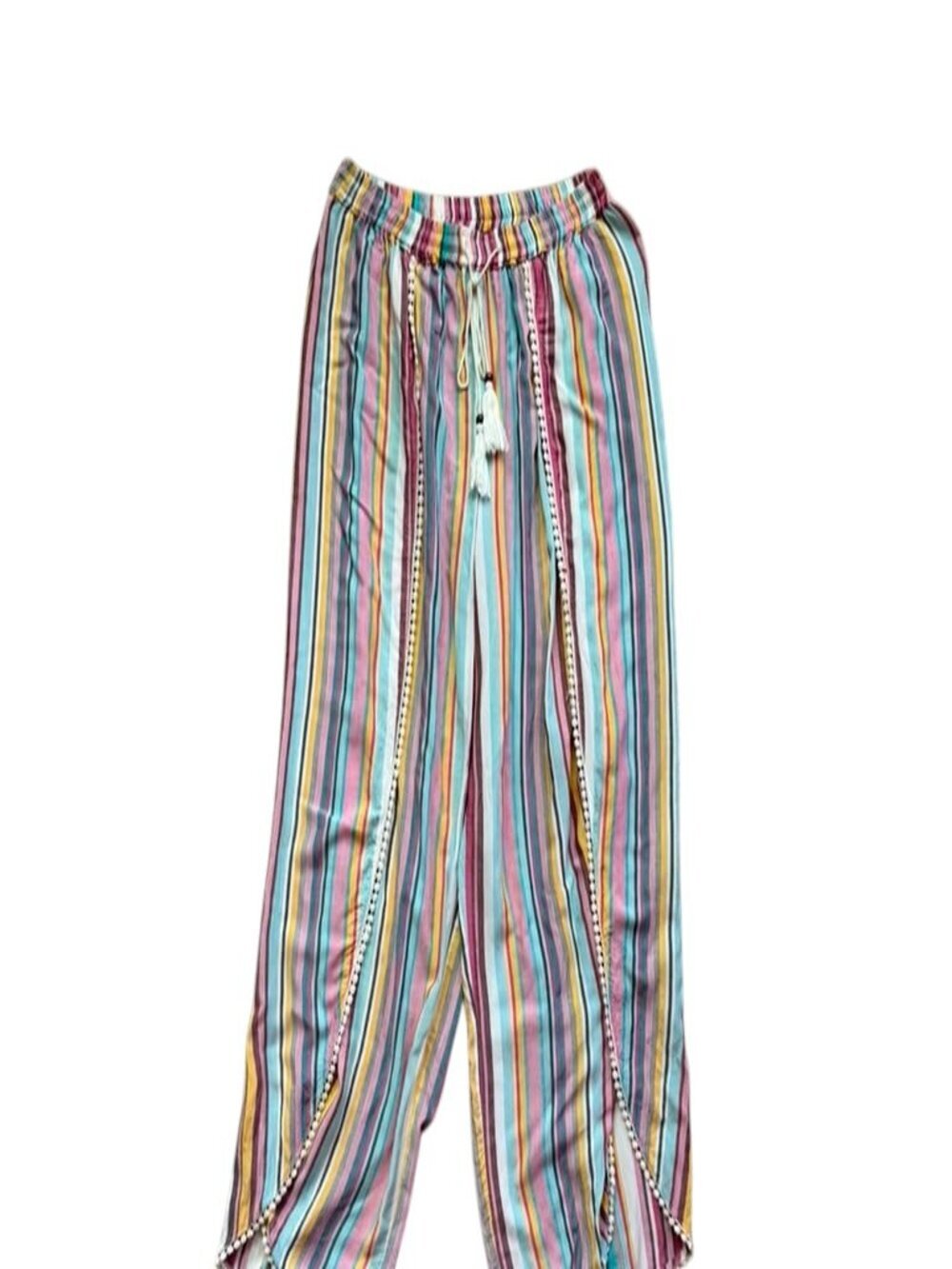 Angie Women's S Multicolor Striped Wide Leg Pants Tassel Tie Boho.